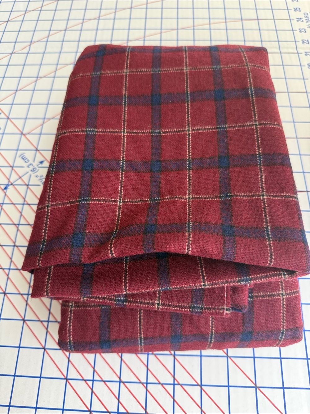 Vintage Burgundy Navy Windowpane Plaid Wool Blend Flannel Fabric 2⅔ Yards x 62”